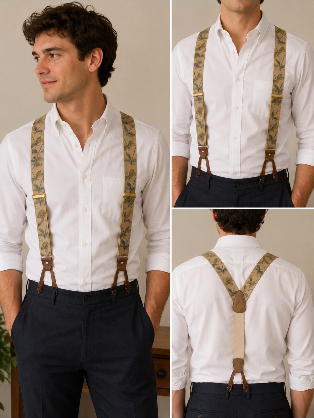 Trafalgar Men's Suspenders Dragonfly Print Leather End Braces Adjustable